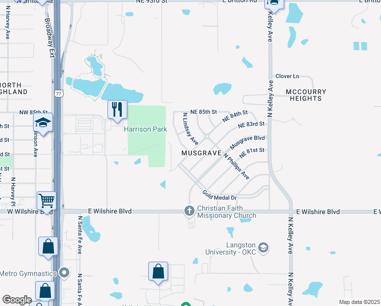 map of restaurants, bars, coffee shops, grocery stores, and more near 705 Northeast 84th Street in Oklahoma City