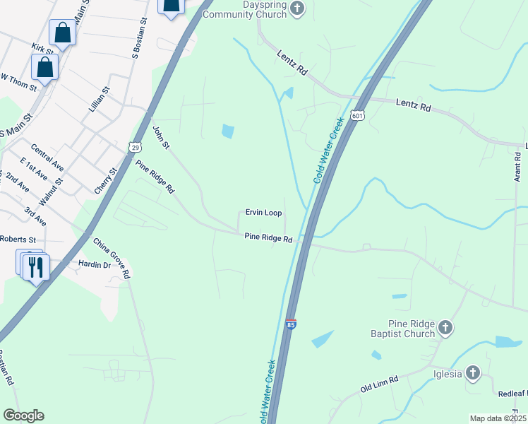 map of restaurants, bars, coffee shops, grocery stores, and more near Ervin Loop in China Grove