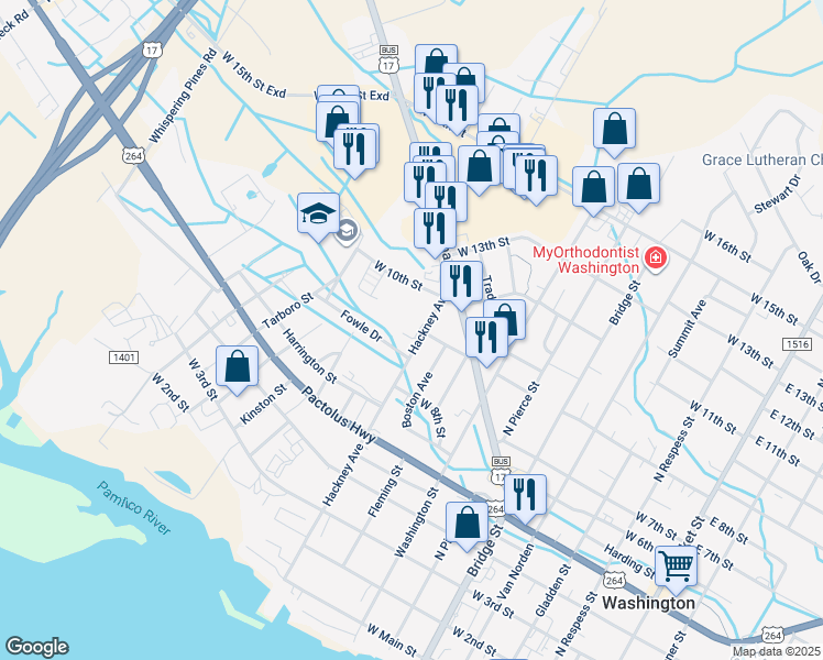 map of restaurants, bars, coffee shops, grocery stores, and more near 845 Hackney Avenue in Washington