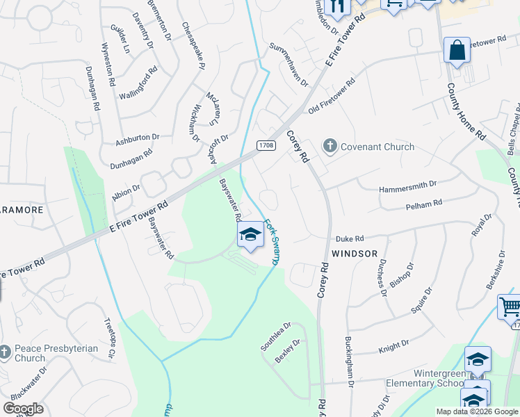map of restaurants, bars, coffee shops, grocery stores, and more near 4116 Bridge Court in Winterville