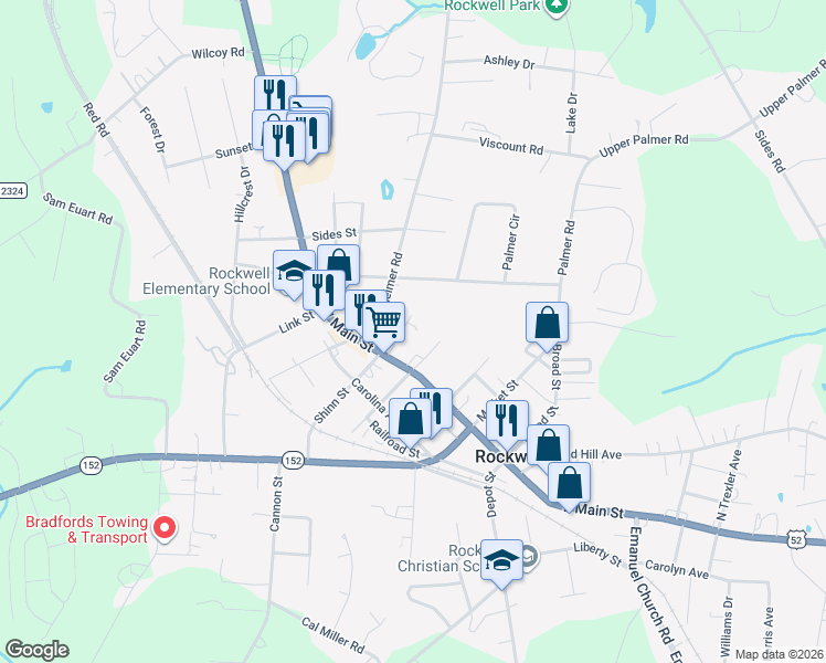 map of restaurants, bars, coffee shops, grocery stores, and more near 410 West Main Street in Rockwell