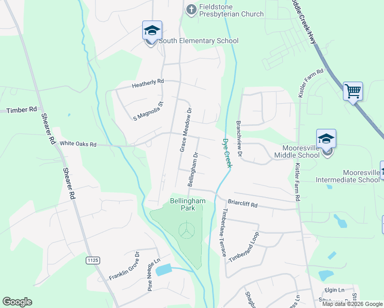 map of restaurants, bars, coffee shops, grocery stores, and more near 1322 Bellingham Drive in Mooresville