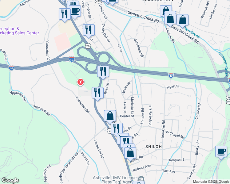 map of restaurants, bars, coffee shops, grocery stores, and more near 32 Academy Street in Asheville