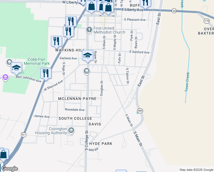 map of restaurants, bars, coffee shops, grocery stores, and more near 900 Douglas Street in Covington