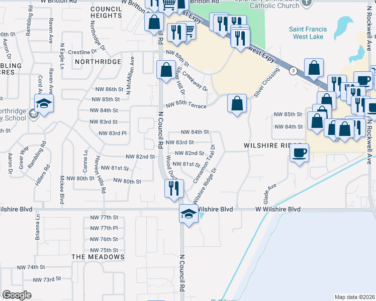 map of restaurants, bars, coffee shops, grocery stores, and more near 7833 Northwest 81st Street in Oklahoma City
