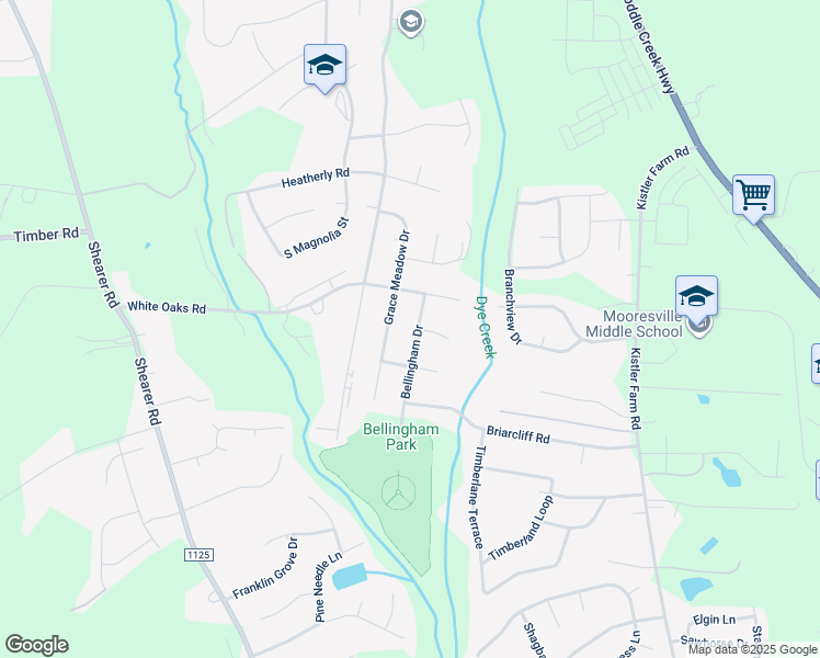 map of restaurants, bars, coffee shops, grocery stores, and more near 1322 Bellingham Drive in Mooresville