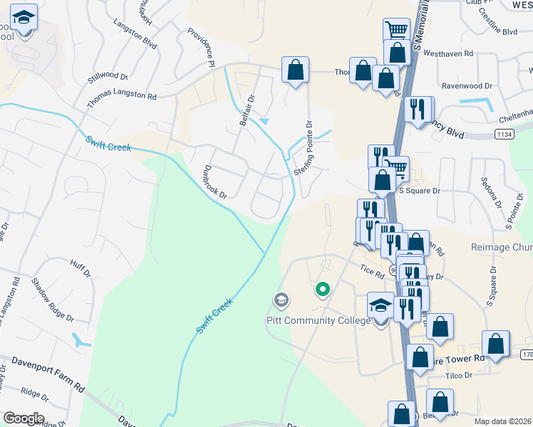 map of restaurants, bars, coffee shops, grocery stores, and more near 3965 Sterling Pointe Drive in Winterville
