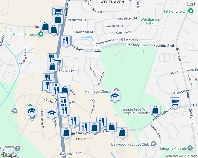 map of restaurants, bars, coffee shops, grocery stores, and more near 405 South Pointe Drive in Winterville