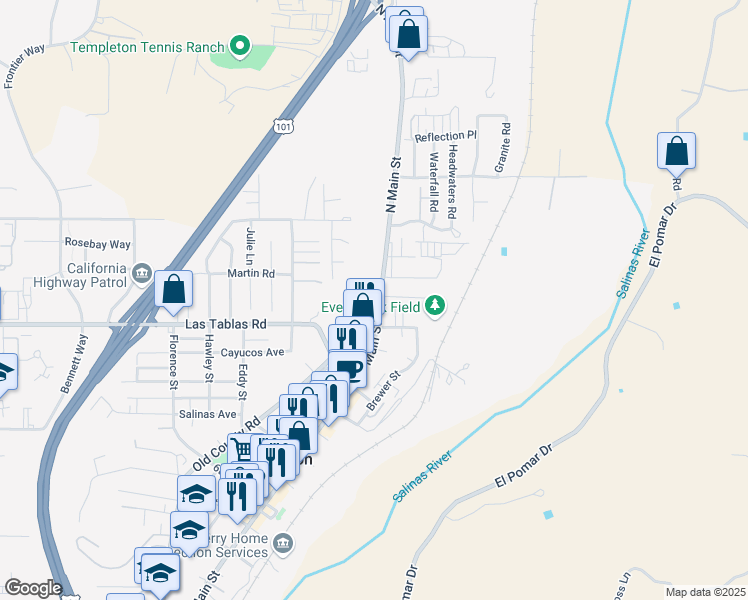 map of restaurants, bars, coffee shops, grocery stores, and more near 20 South Main Street in Templeton
