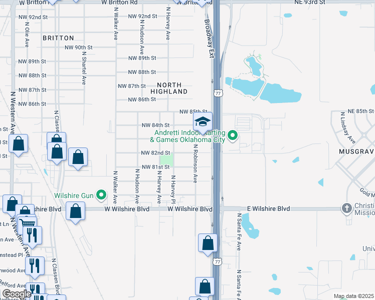 map of restaurants, bars, coffee shops, grocery stores, and more near 217 Northwest 83rd Street in Oklahoma City