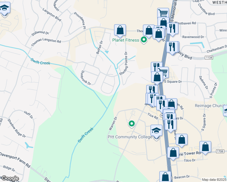 map of restaurants, bars, coffee shops, grocery stores, and more near 3949 Sterling Pointe Drive in Winterville