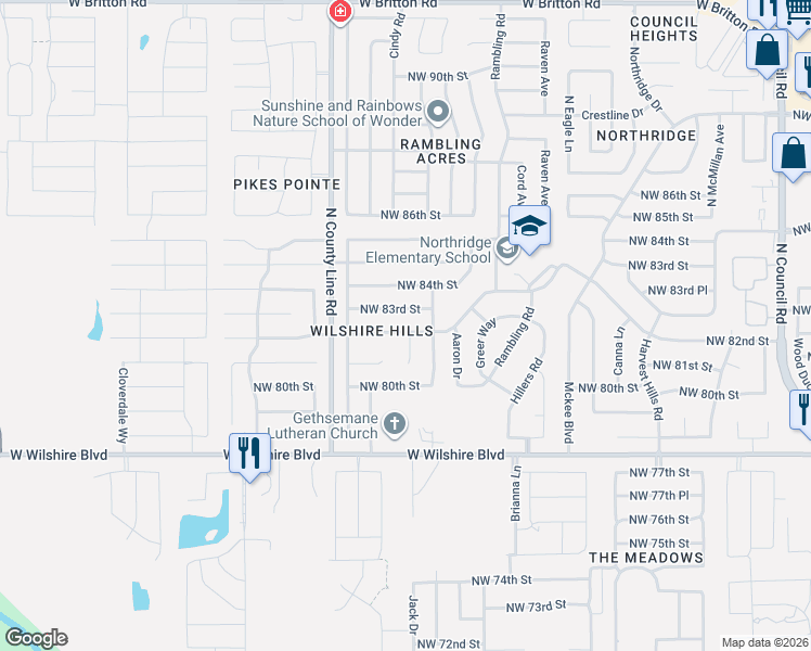 map of restaurants, bars, coffee shops, grocery stores, and more near 8813 Northwest 83rd Street in Oklahoma City