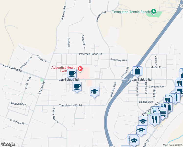 map of restaurants, bars, coffee shops, grocery stores, and more near 1050 Las Tablas Road in Templeton