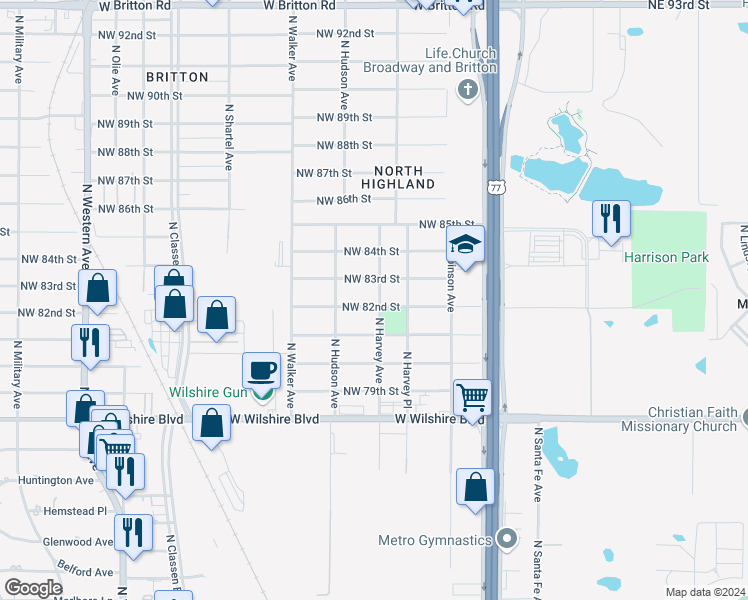 map of restaurants, bars, coffee shops, grocery stores, and more near 301 Northwest 82nd Street in Oklahoma City