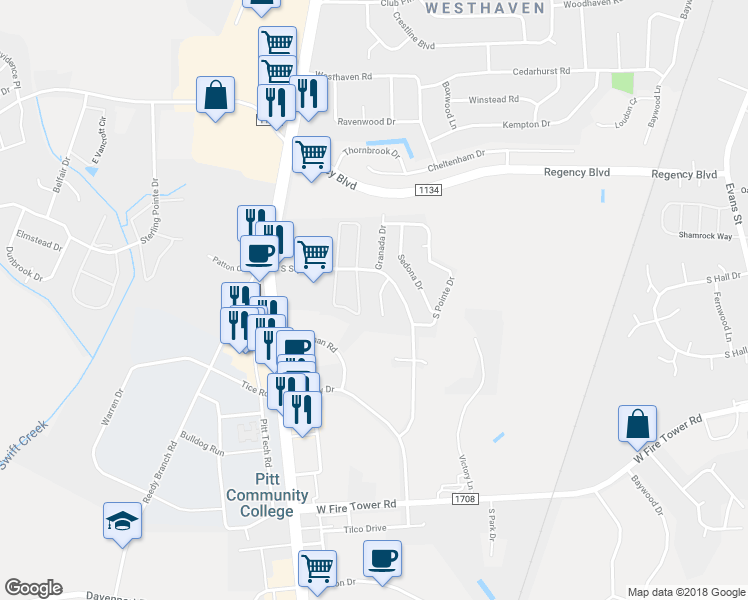 map of restaurants, bars, coffee shops, grocery stores, and more near 4012 A Lucerne Court in Winterville