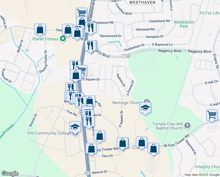 map of restaurants, bars, coffee shops, grocery stores, and more near 4012 Lucerne Court in Winterville