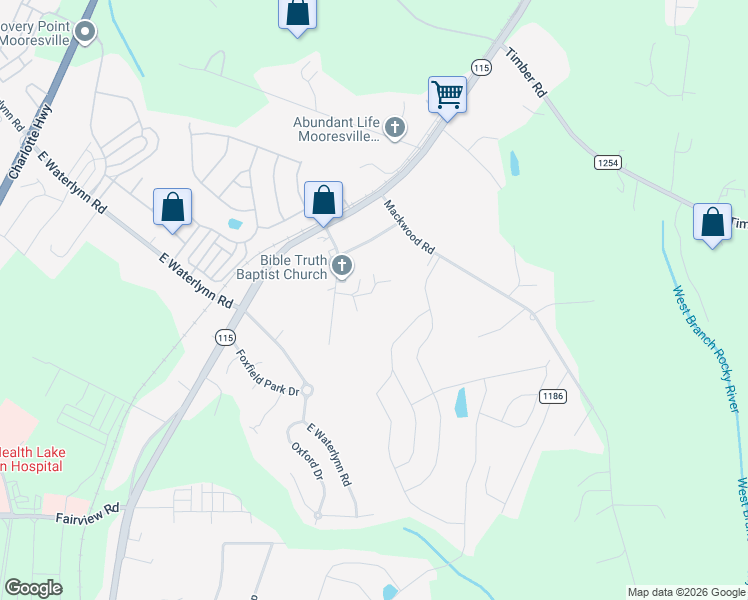 map of restaurants, bars, coffee shops, grocery stores, and more near 122 Moffett Lane in Mooresville