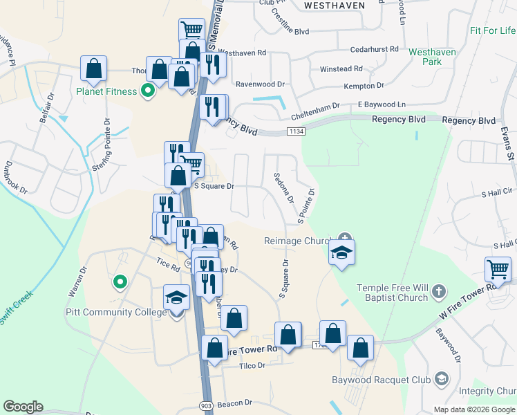 map of restaurants, bars, coffee shops, grocery stores, and more near 4012 Lucerne Court in Winterville