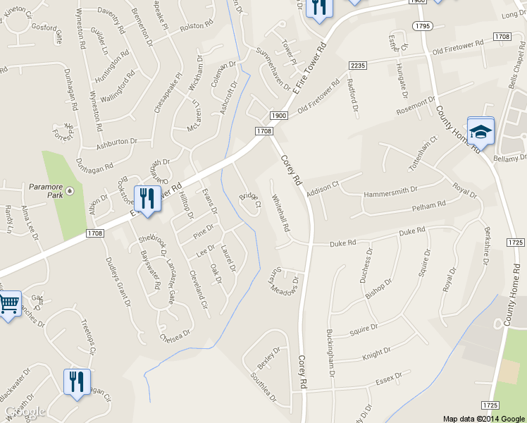 map of restaurants, bars, coffee shops, grocery stores, and more near 4132 Bridge Court in Winterville