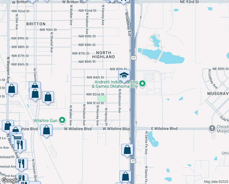 map of restaurants, bars, coffee shops, grocery stores, and more near 217 Northwest 83rd Street in Oklahoma City