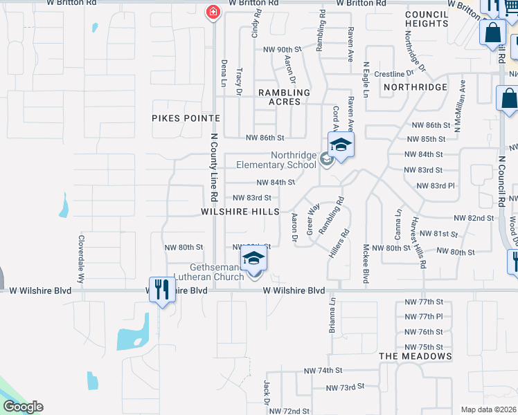 map of restaurants, bars, coffee shops, grocery stores, and more near 8813 Northwest 83rd Street in Oklahoma City