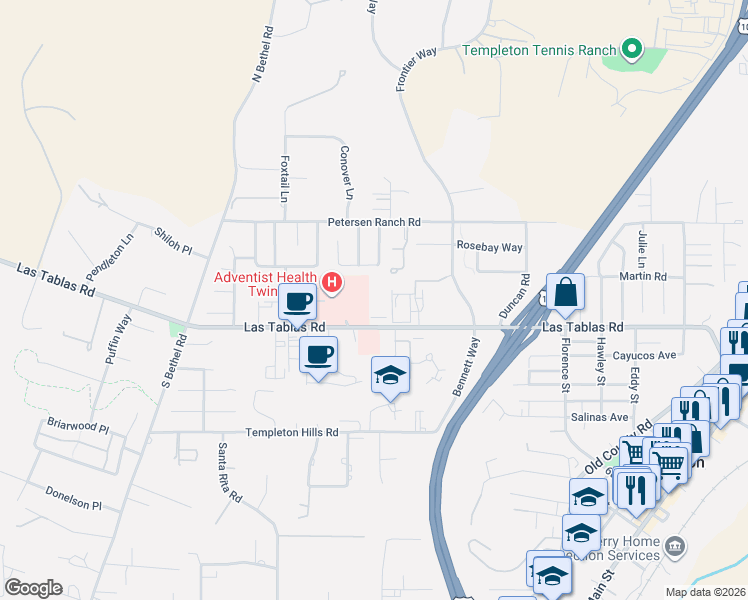 map of restaurants, bars, coffee shops, grocery stores, and more near 1050 Las Tablas Road in Templeton
