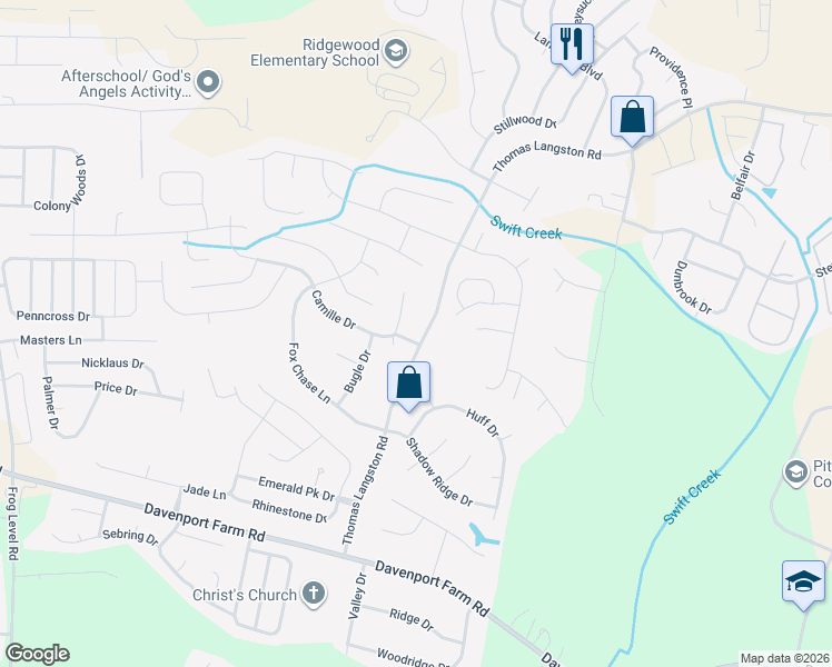 map of restaurants, bars, coffee shops, grocery stores, and more near 2270 Thomas Langston Road in Winterville