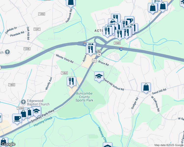 map of restaurants, bars, coffee shops, grocery stores, and more near 128 Sand Hill School Road in Asheville
