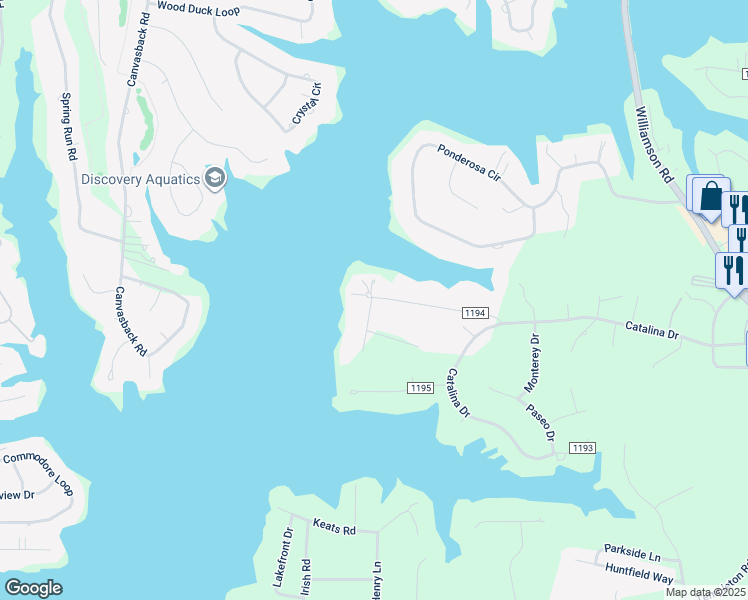 map of restaurants, bars, coffee shops, grocery stores, and more near Beach Lane in Mooresville