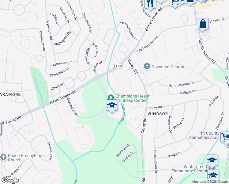 map of restaurants, bars, coffee shops, grocery stores, and more near 4104 Bridge Court in Winterville