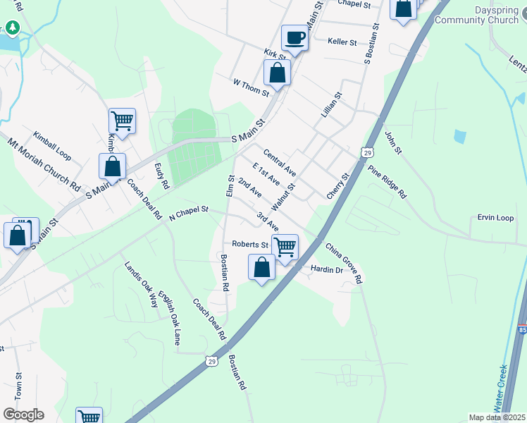 map of restaurants, bars, coffee shops, grocery stores, and more near 133 2nd Avenue in China Grove