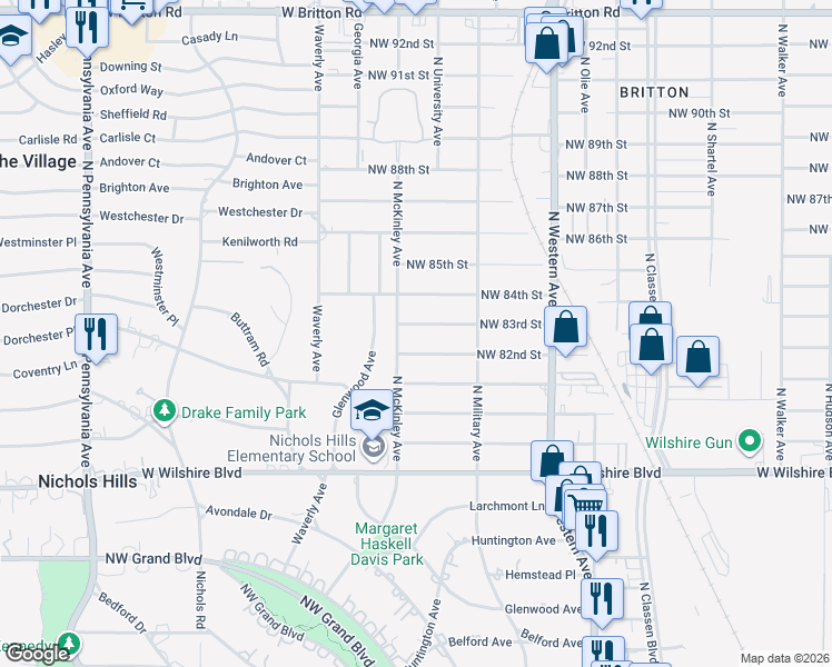 map of restaurants, bars, coffee shops, grocery stores, and more near 1237 Northwest 83rd Street in Oklahoma City