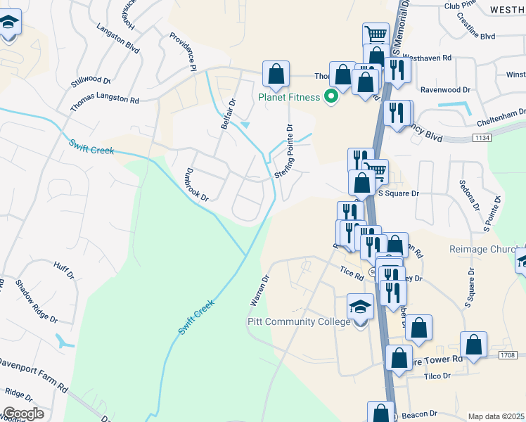 map of restaurants, bars, coffee shops, grocery stores, and more near 3949 Sterling Pointe Drive in Winterville