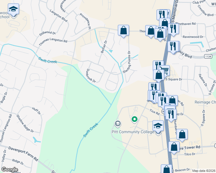 map of restaurants, bars, coffee shops, grocery stores, and more near 3989 Sterling Pointe Drive in Winterville
