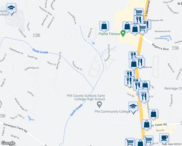 map of restaurants, bars, coffee shops, grocery stores, and more near 3989 Sterling Pointe Drive in Winterville