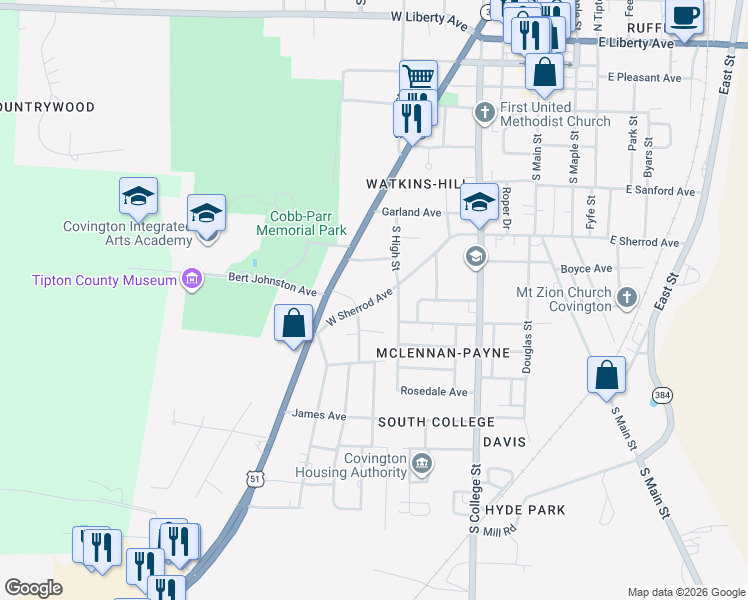 map of restaurants, bars, coffee shops, grocery stores, and more near 718 West Sherrod Avenue in Covington
