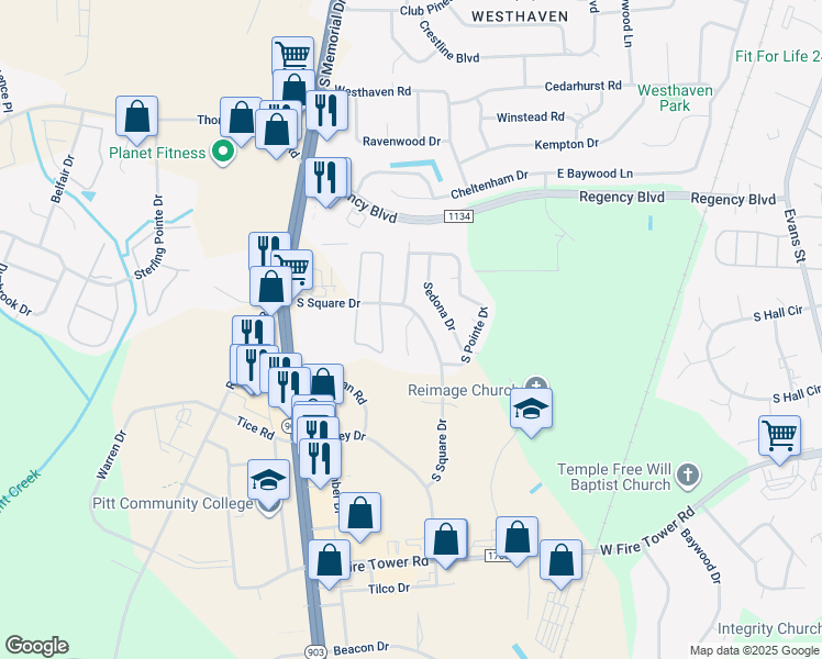 map of restaurants, bars, coffee shops, grocery stores, and more near 4009A Lucerne Court in Winterville