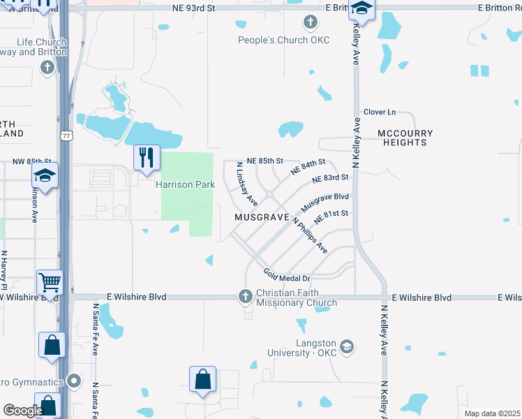 map of restaurants, bars, coffee shops, grocery stores, and more near 740 Northeast 84th Street in Oklahoma City