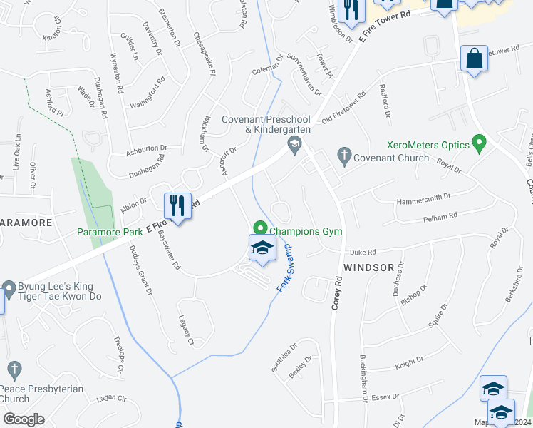 map of restaurants, bars, coffee shops, grocery stores, and more near 4108 Bridge Court in Winterville