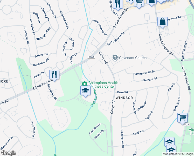 map of restaurants, bars, coffee shops, grocery stores, and more near 4128 Bridge Court in Winterville