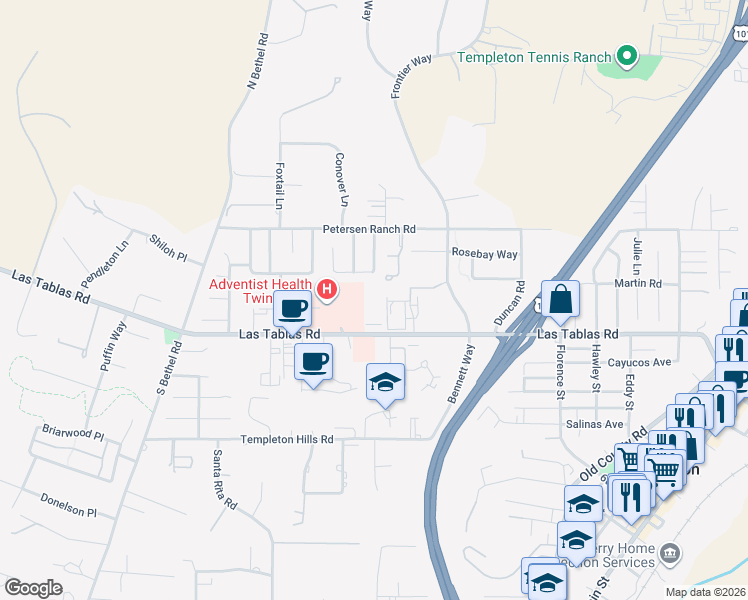 map of restaurants, bars, coffee shops, grocery stores, and more near 1050 Las Tablas Road in Templeton