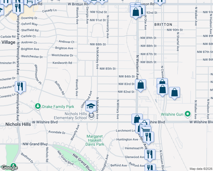 map of restaurants, bars, coffee shops, grocery stores, and more near 1237 Northwest 83rd Street in Oklahoma City