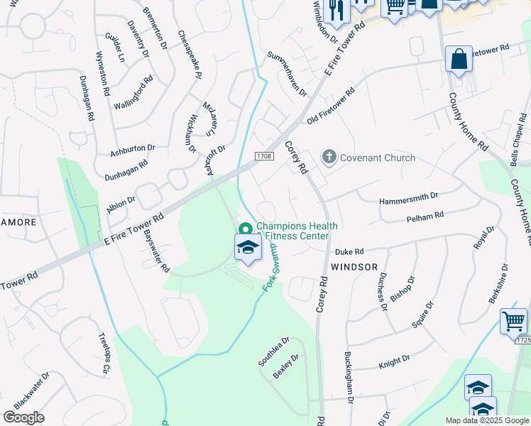 map of restaurants, bars, coffee shops, grocery stores, and more near 4104 Bridge Court in Winterville