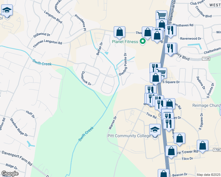 map of restaurants, bars, coffee shops, grocery stores, and more near 3949 Sterling Pointe Drive in Winterville