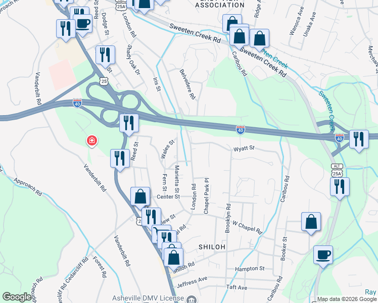 map of restaurants, bars, coffee shops, grocery stores, and more near 301 London Road in Asheville