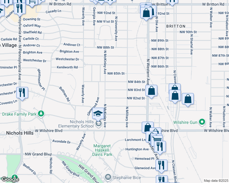 map of restaurants, bars, coffee shops, grocery stores, and more near 1237 Northwest 83rd Street in Oklahoma City