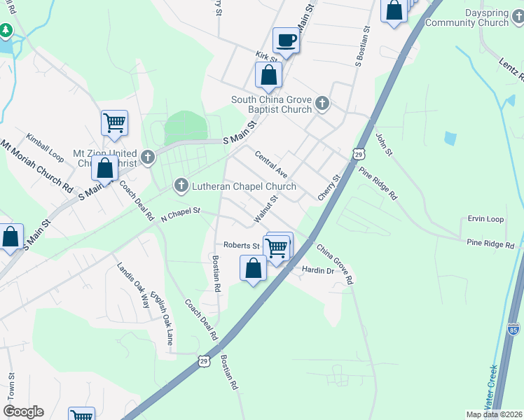 map of restaurants, bars, coffee shops, grocery stores, and more near 133 2nd Avenue in China Grove