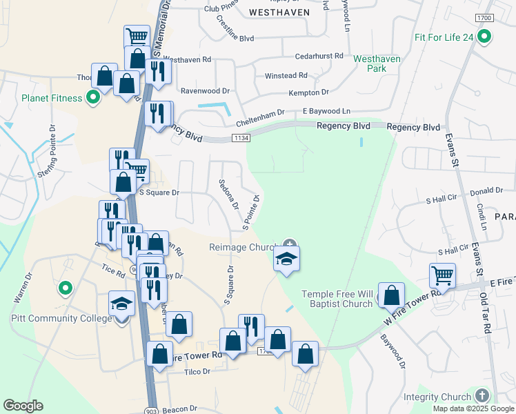 map of restaurants, bars, coffee shops, grocery stores, and more near 341 South Pointe Drive in Winterville