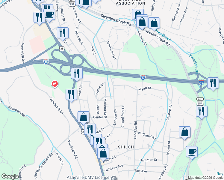 map of restaurants, bars, coffee shops, grocery stores, and more near 301 London Road in Asheville