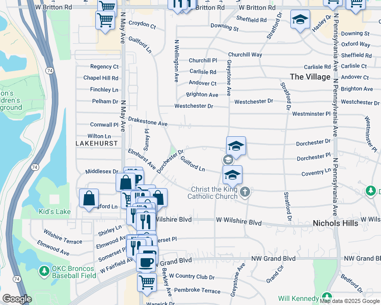map of restaurants, bars, coffee shops, grocery stores, and more near 2628 Dorchester Drive in Oklahoma City